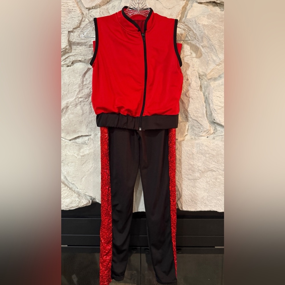 Layla’s Dance | Girl’s 2 Pc Red & Black Dance Costume with Leg Sequins, Size XLC